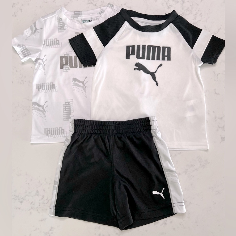 PUMA Kids Short Sleeve Shirt 2-pk & Shorts Set, 6-9 months, Black & White